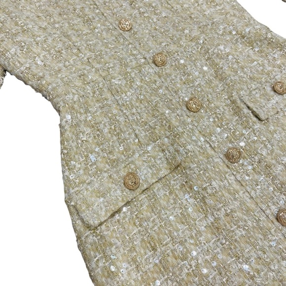 Gianni Bini Lissy Sequin Tweed Long Sleeve Button Front Mini Dress Champagne NEW - Picture 6 of 14